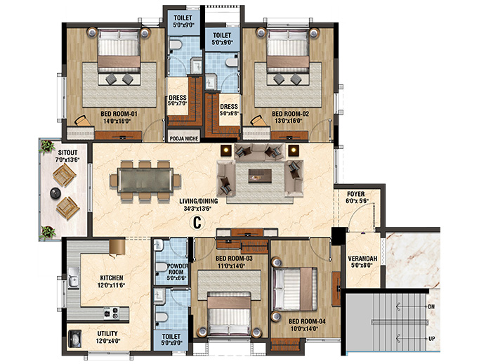 Type A - 4 Bed - 6108 Sq Ft