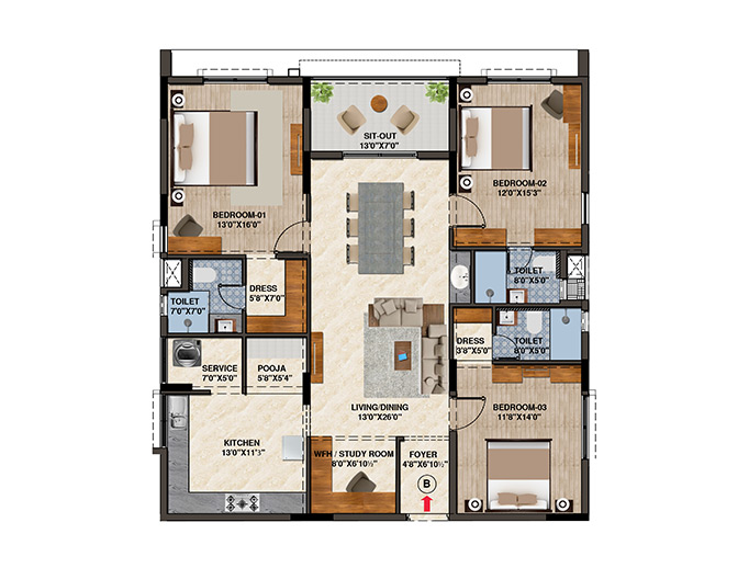 Podium-3BHK - 2133 SQ.FT Floor Plan